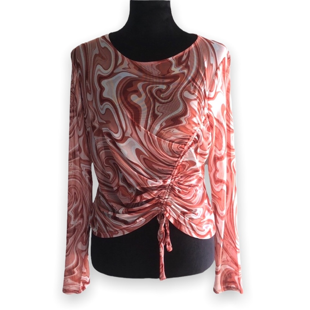Meraki Top Mesh Sheer Crop Long Sleeve Swirl Marbled Red White Cinched Size L
